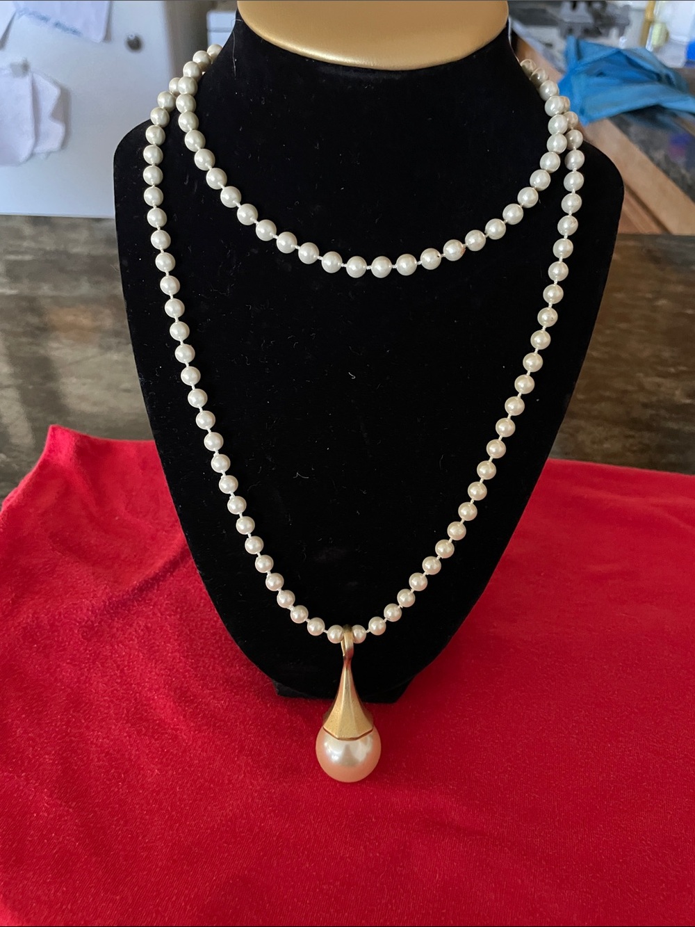 Express White Pearl Double Strand Necklace with Gold Teardrop Pendant